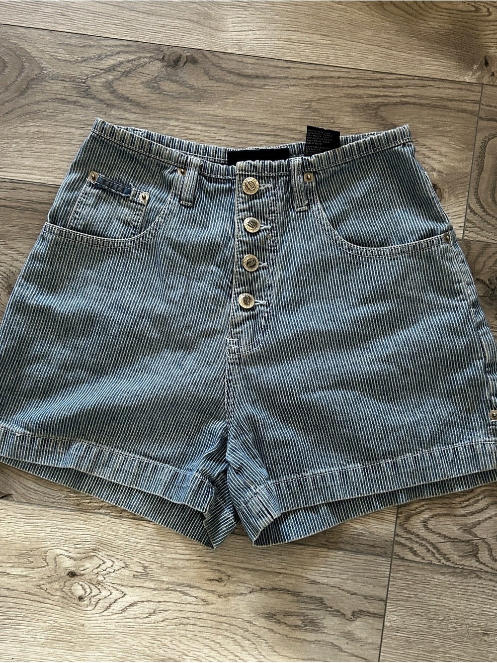 Route 66 Vintage High-Waist Pinstriped Women’s Shorts with Button Front